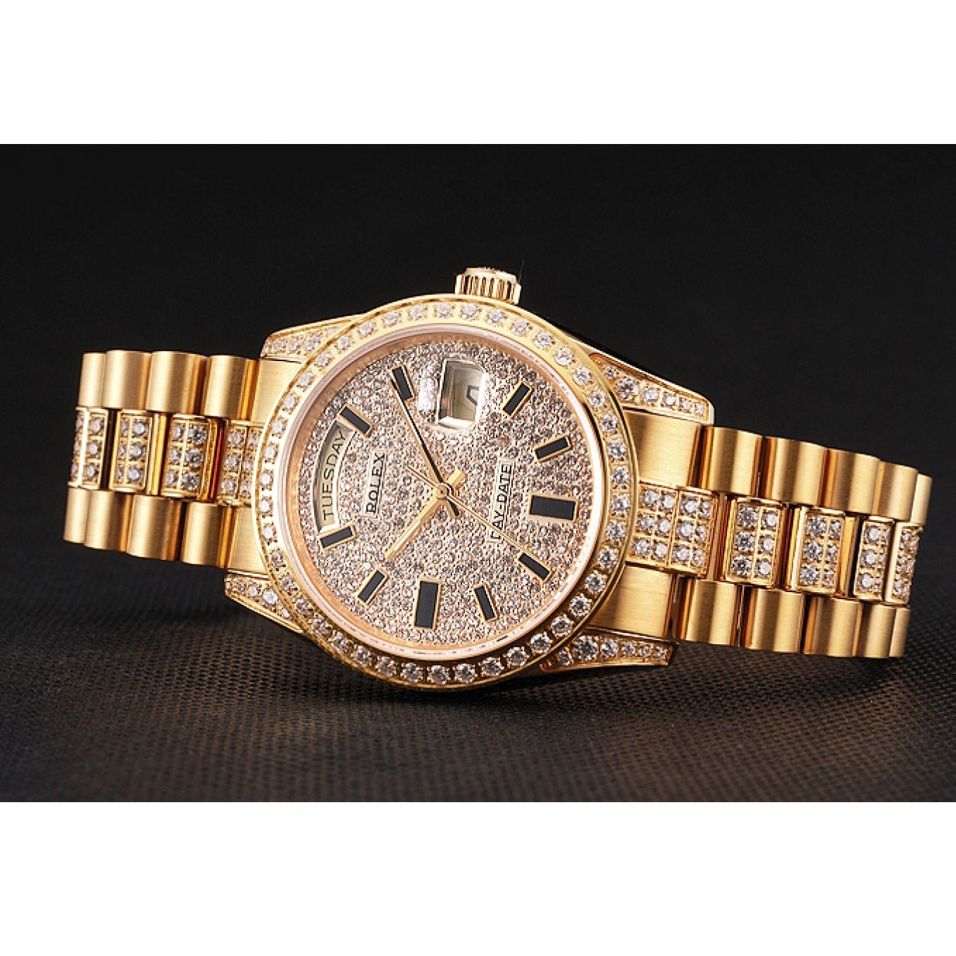 Aaa replica watch Swiss Yellow Gold Rolex Diamond Date Day Pave 0619